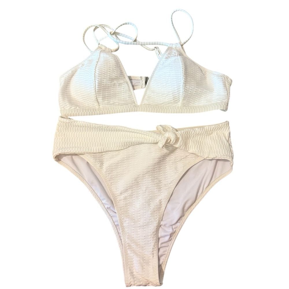 CUPSHE NWT Large High Waist White Textured Bikini Set